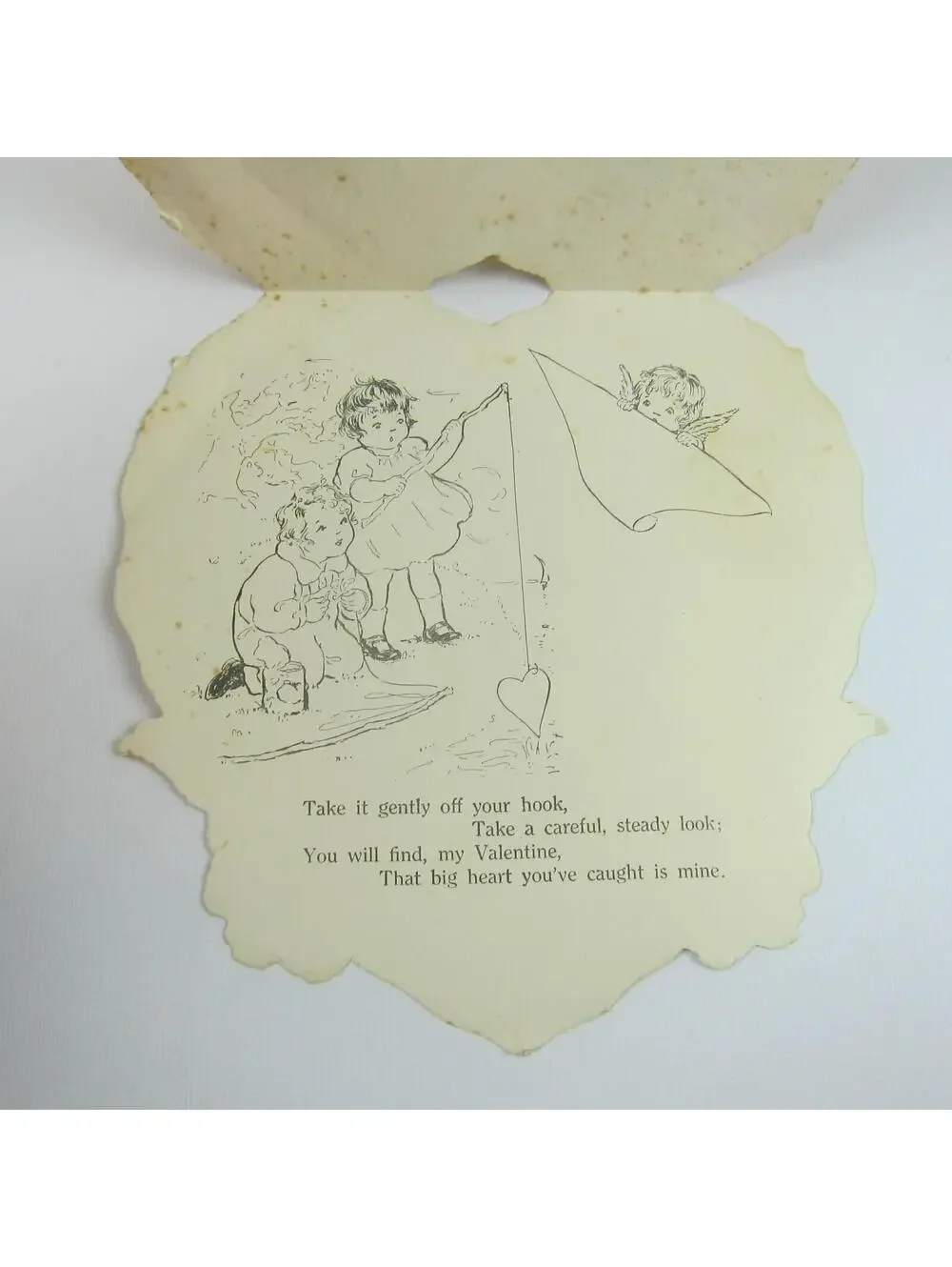 Antique Valentine Die cut Heart LARGE Boy Sailor Angel Girl Fishing UNSIGNED